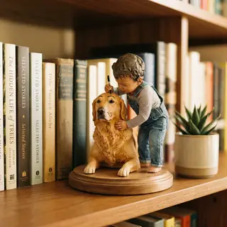 The piece on a bookshelf between books and a plant